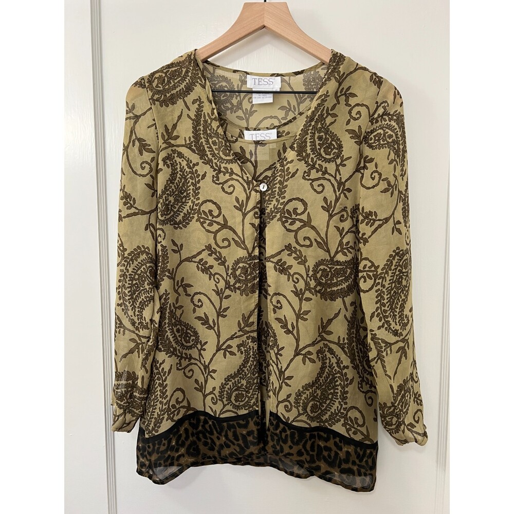 Vintage Tess Women's Layered Green Floral Print Silk Blouse Top Size S